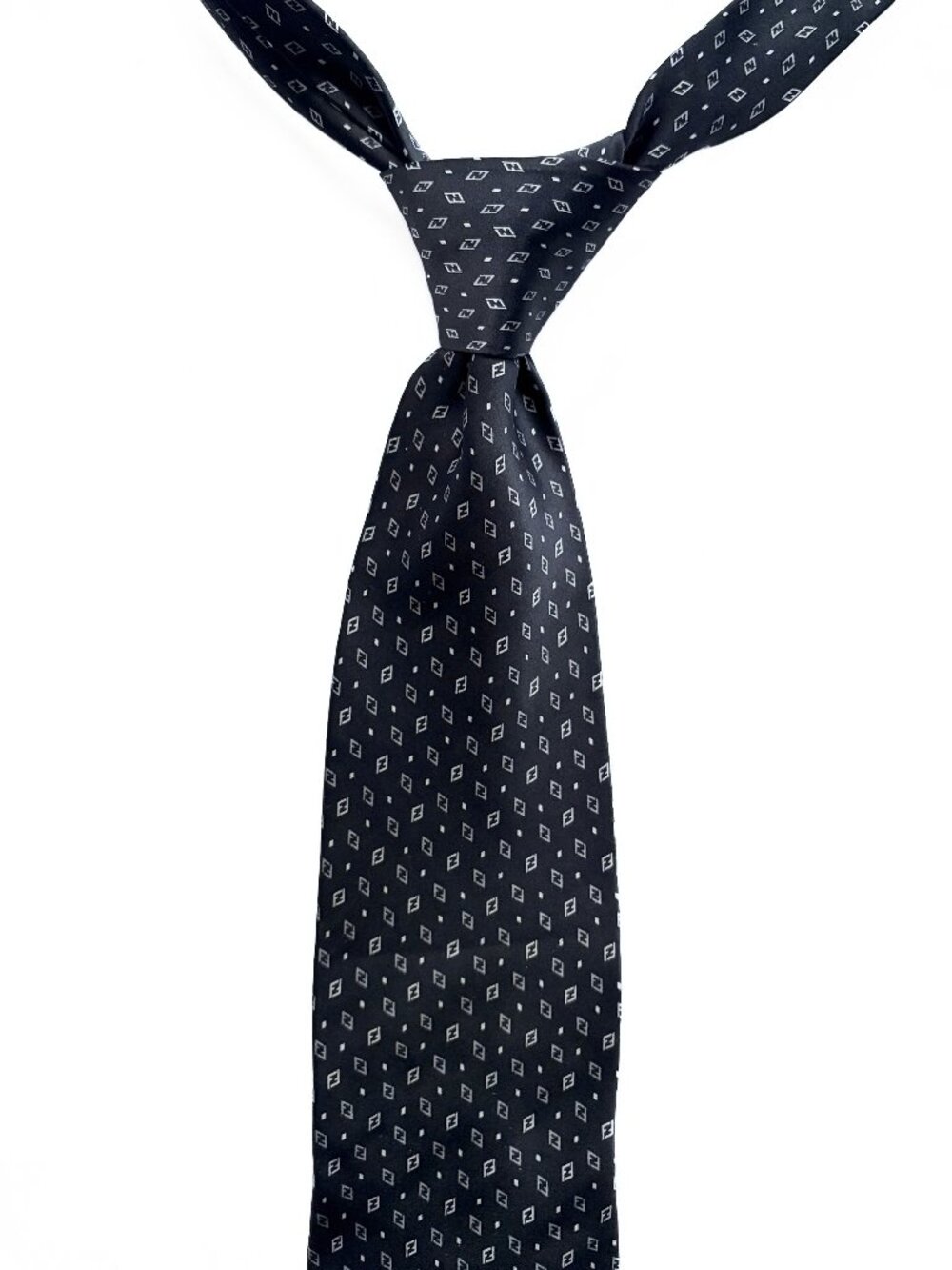 Fendi Mens Silk Geometric Tie in Black / Silver 3.75" inches